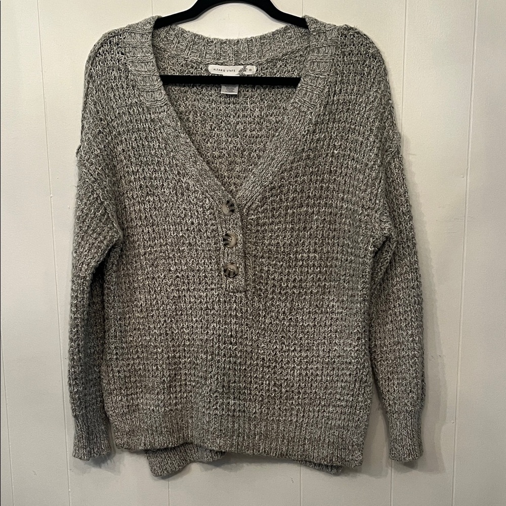 Altar'd State Heather Gray V-Neck Button Knit Pullover